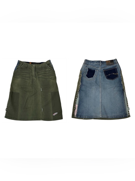 Parasuco Dresses & Skirts - Vintage Late 90s Y2K Parasuco Patchwork Midi Skirt Denim Army Green Size 2 Rare